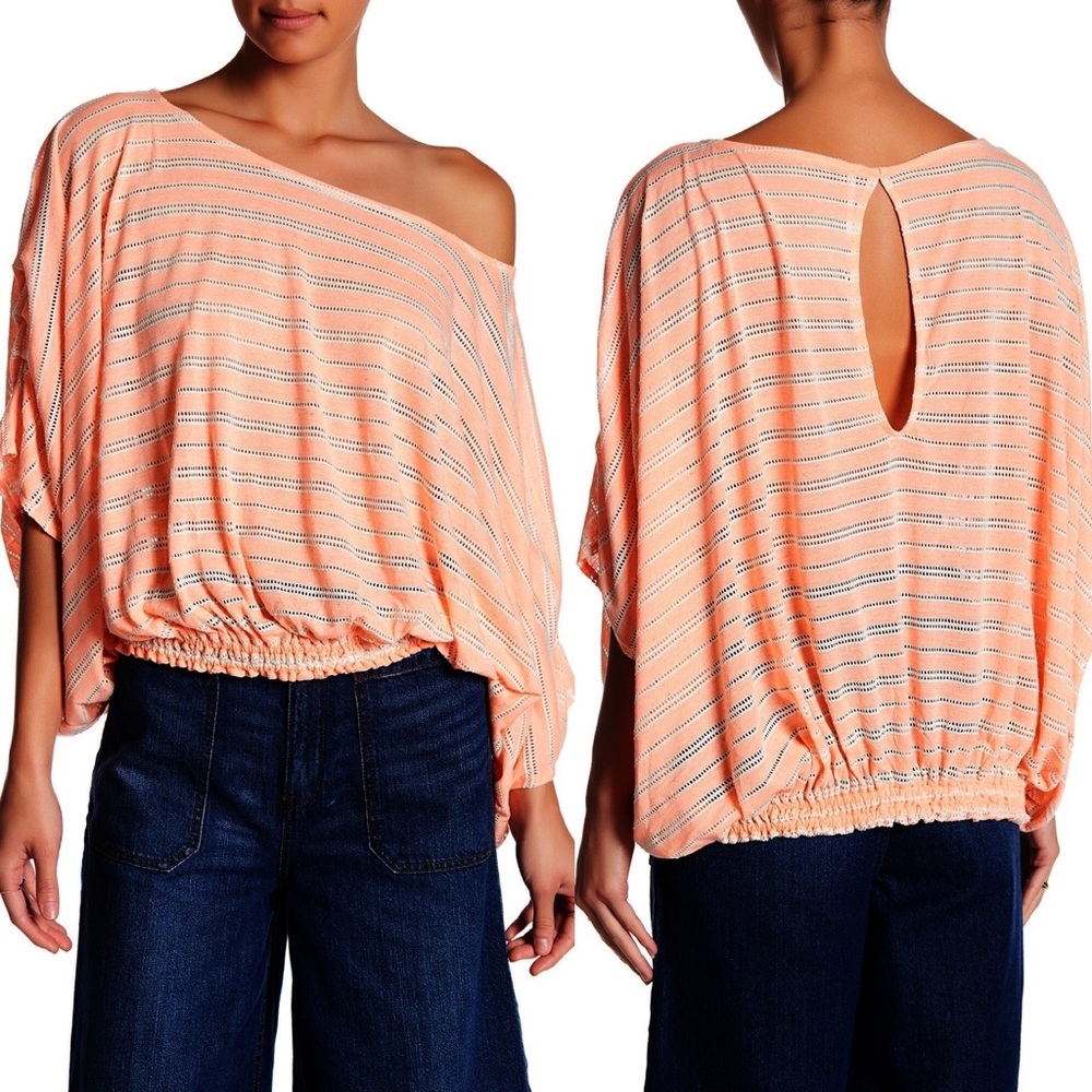 Free People Striped Dolman Top Keyhole Back Smocked Peach XS Boho Oversized Airy